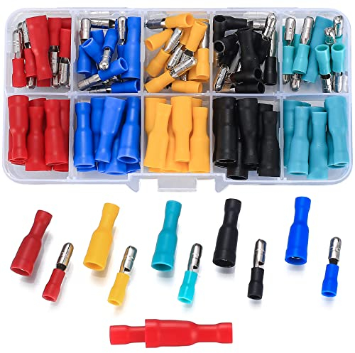 Vwoqiy 100 Piezas Kit de Conectores de Bala, Surtidos Aislados Terminales de Crimpado Eléctricos Kit, Conectores de Cables Macho y Hembra Bullet Butt Wire Crimp Connectores (cinco colores 100)