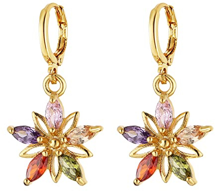 HZMAN 14K Gold Plated Sterling Silver Crystal Flower Earrings For Women Cubic Zirconia Drop Dangle Earring Fashion Earring Jewelry Gift, 3 cm, Stainless Steel, Cubic Zirconia