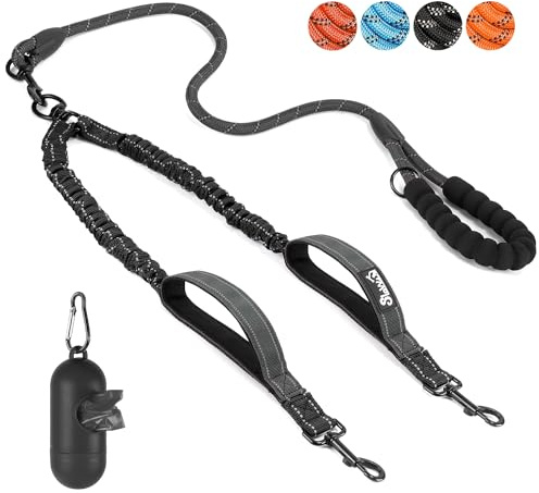SlowTon Doble Correa para Perros sin enredos - Cable Reflectante Giratorio de Alta Resistencia Giratorio de 360 °, Entrenamiento para Caminar Amortiguador para 2 Perros medianos pequeños