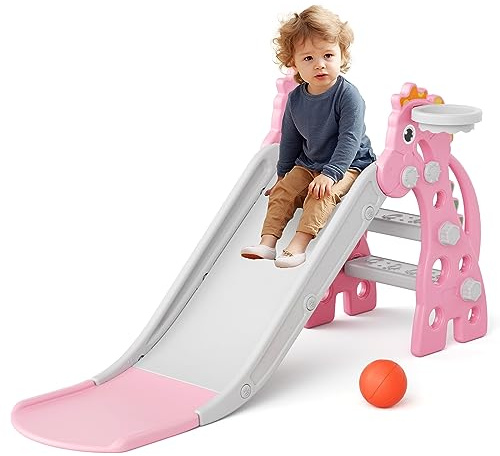 GLAF Toddler Slide Indoor for Toddlers 1-3 Baby Slide Outdoor Playset with Basketball Hoop and Ball Plastic Foldable Slides for Kids Backyard Climber Set (Pink)