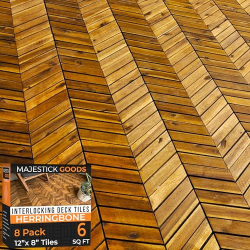 Interlocking Deck Tiles Herringbone - Snap Together Wood Flooring | 12 x 12 Acacia Hardwood Outdoor Flooring for Patio | Click Floor Decking Tile (8, Herringbone)