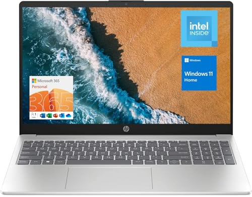 HP 15.6 Portable Laptop, HD Display, Intel Quad-Core N200 Processor, 16GB RAM, 128GB Storage, Wi-Fi 6, Webcam, HDMI, Numeric Keypad, Windows 11 Home, Silver