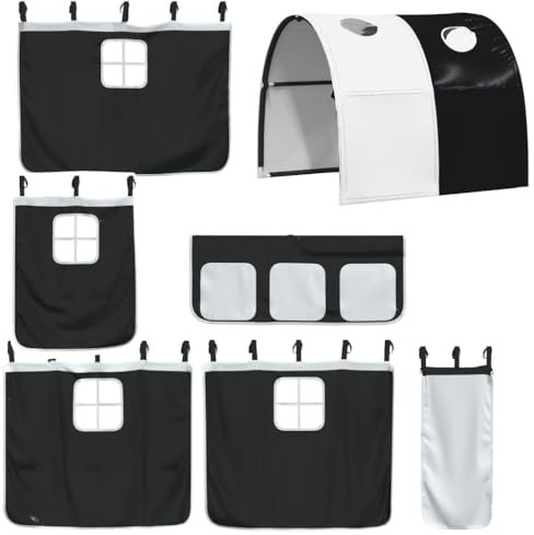 vidaXL Cortinas para Camas Altas con Túnel, Cortinas para Litera con Bolsillos, Dosel para Niños, Decoraciones para Dormitorio, Poliéster Blanco Negro