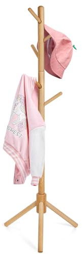 Cozivolife Perchero de madera de haya para niños, altura ajustable, soporte independiente con 9 ganchos, sombreros y bolsos colgantes, pasillo, entrada, dormitorio, fácil montaje (natural)