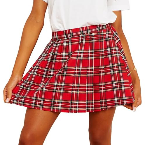 The Fancy Dress® Womens Tartan Skirt Pleated Front Mini Plaid Skirt – Ladies Back Elasticated Waist Box Pleat Check Skater Short Skirts Sizes 12, Red Tartan Skirt