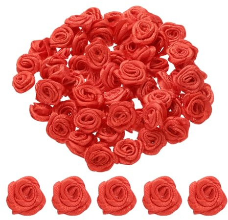 QUARKZMAN 100pz 1,5cm Mini Rose di Nastro in Raso Fiori Artificiali Stoffa Nastro Raso per Accessori Fai Da Te Cucito Confezione Regalo Decorazione Matrimonio, Rosso