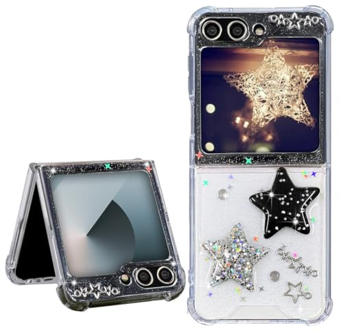 Abbery Handyhülle für Samsung Galaxy Z Flip 5/Z Flip 6/Z Flip 7 FE Hülle Glitzer Transparent mit 3D Schwarz-Weiß Sternen Stoßfest Anti-Kratzer Frauen & Mädchen Stoßfeste Schutzhülle Cover