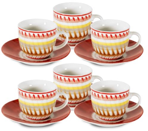 ARCA, Set 6 Tazzine da Caffè Apulia II con Piattino, Realizzate in Porcellana Decorata, Capacità 90 ml, 11x6 cm, Rosso