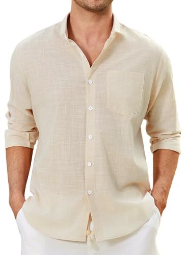 Enlision Chemise Beige Homme en Lin Manches Longues Chemises Kaki Été Coton Henley Shirts de Couleur Unie Leger Ample Casual de Plage XL