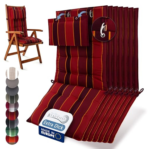 Beautissu 7er Set Premium Hochlehner Auflage Kopfpolster 120x50cm Sun-HL – 8cm Dick Polster Gartenstuhlauflage rutschfest Befestigungsbänder UV-Lichtechtheit 5 – Robust Stoff Rot gestreift