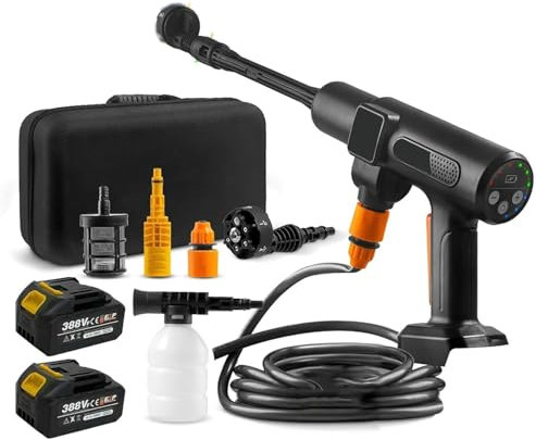 Limpiador de alta presión inalámbrico, 200 bar limpiador de alta presión con 2 baterías, boquilla 6 en 1, manguera de 5 m, pantalla LCD, pistola de alta presión portátil para coche, terraza, ventana