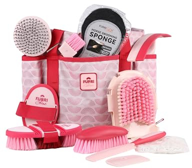 Furrishine 11-Piece Professional Horse Grooming Kit with Waterproof Tote Bag, Non-Slip Silicone Grip Brush Set, Curry Comb, Hoof Pick & Mane Comb Pink Garnet
