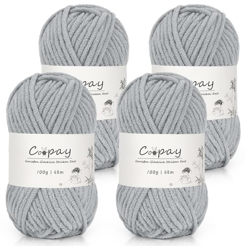 Coopay Chenille Chunky Wolle zum Häkeln Dickes Garn, 4 x 100g Dicke Wolle zum Stricken, Super Flauschig Weiches Wolle für Babydecke, Grobes Chenille-Garn für Decken, Schals, Socken, Taschen - Grau