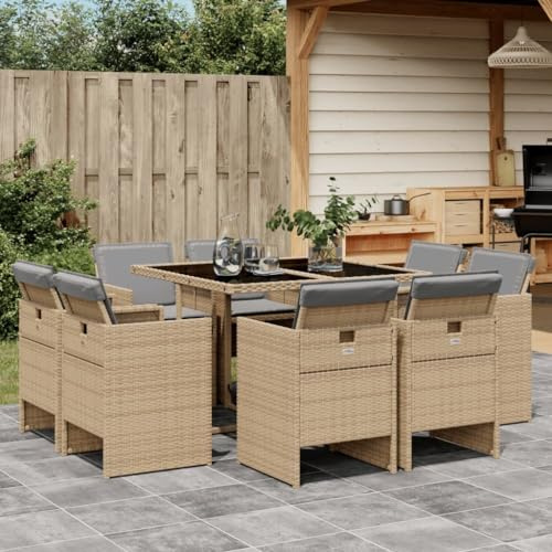 JHQHSM 9-TLG. Gruppo da giardino con cuscino in polyrattan, sedie pieghevoli e sgabelli per risparmiare spazio, tavolo con piano in vetro temperato, rivestimenti lavabili rimovibili,