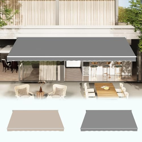 AECOJOY 12'×10' Manual Retractable Awning Sun Shade Patio Awning Cover Outdoor Patio Canopy Sunsetter Deck Awnings with Manual Crank Handle, Grey