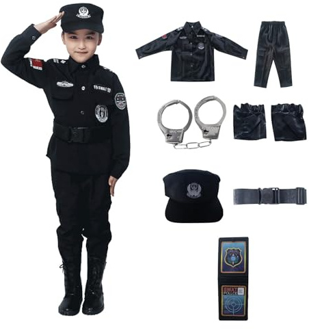 Generisch Costume da poliziotto per bambini, unisex, 7 pezzi, per bambini, giocattolo della polizia, camicia, pantaloni, cappello, cintura, manette, guanti certificato