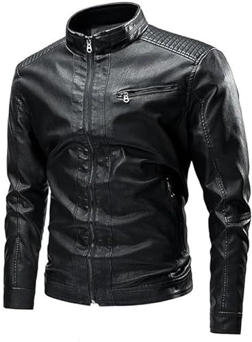 Chaqueta De Motorista De PU Cuero De Hombres Manga Larga Casual Chaqueta Negro 3XL