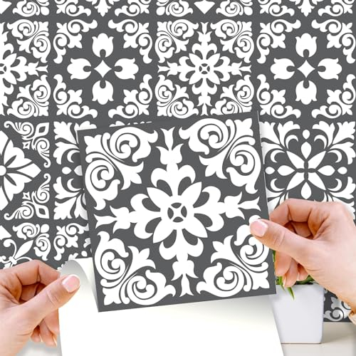 WALPLUS Klebefliesen Küche Selbstklebend Klebefolie Fliesenoptik 15x15cm Fliesensticker Bad Abnehmbare Selbstklebende Fliesen Küche Spanisch Renaissance Grau Weiß Fliesenaufkleber Badezimmer 24 Pcs