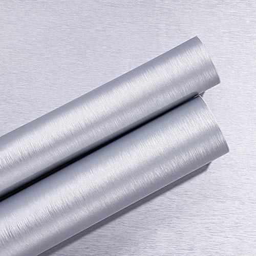 Taogift Självhäftande vinylfilm silverborstad metall rostfritt stål tapet möbler klistermärke papper för diskmaskin kylskåp spis apparater möbler avtagbar vattentät 40 cm x 3 m