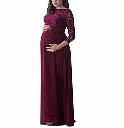 XIXIMAON Vestito da gravidanza lungo da donna, in pizzo, abito da maternità, incinta, estivo, elegante, per fotografia, sera, matrimonio, cerimonia, cocktail, bordeaux, S
