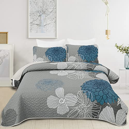WONGS BEDDING Couvre-lit 240 x 260 cm, motif floral, bleu, doux, pour lit double, en microfibre, avec 2 taies d'oreiller de 50 x 75 cm
