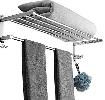 Portasciugamani allungabile, 43 – 78 cm, in acciaio inox, senza foratura, adatto per bagno e cucina (scaffale a 2 strati)