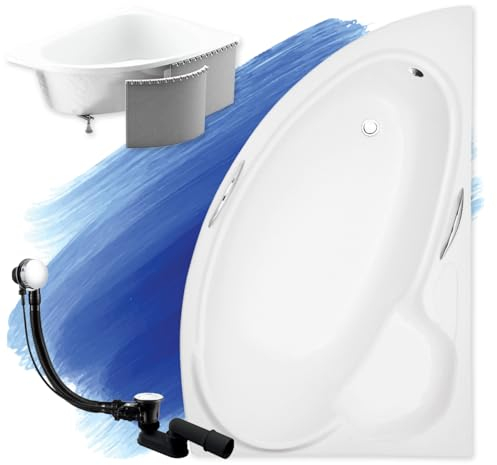 BADLAND Badewanne Original Weiß Acryl Wanne Eckbadewanne BIANKA 150x95 Rechts KOMPLETTSET SET mit Premium Styroporverkleidung + Füßen und Exklusive Chrom Automatik Ablaufgarnitur Made in EU 4in1