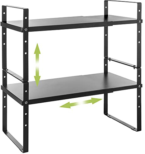 Across-Star Expandable Cabinet Shelf Organizer Rack, Stackable Kitchen Countertop Organizer Storage Shelves, Adjustable Height Pantry Counter Shelf Riser Spice Rack (Black, 2 Pack)