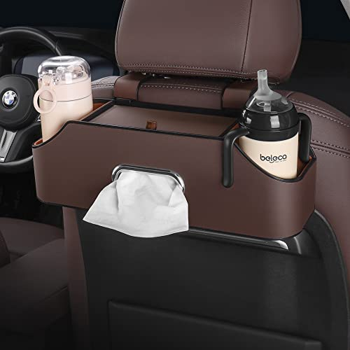 Carodi New Car Rear Seat Kopfstütze Multifunktions-Organisator mit Becherhalter, Tissue-Box, Kopfstütze Haken für Kinder und Erwachsene, Auto-Reise-Zubehör (Braun)