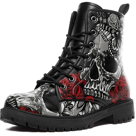 coolcustomize Custom Black Combat Boots for Women Fashion Lace-Up Skull Rose Ankle Booties Chunky Heel Platform Leather Boots