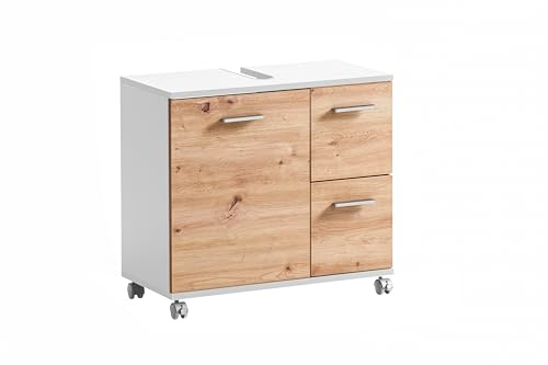 Schildmeyer Palermo Waschbeckenunterschrank 157634, Mattweiß/Artisan Eiche Dekor, 65,1 x 32,0 x 60,0 cm