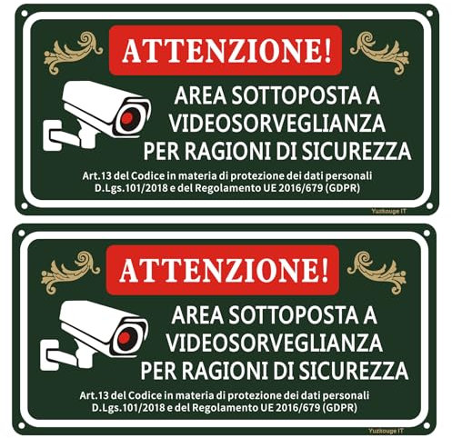 Cartello Video Sorveglianza Alluminio - 2 pz, 30 x 15 cm Cartelli Da Giardino, Facile da installare, Resistente ai raggi UV, Resistente alle intemperie, per Uso Interno o Esterno