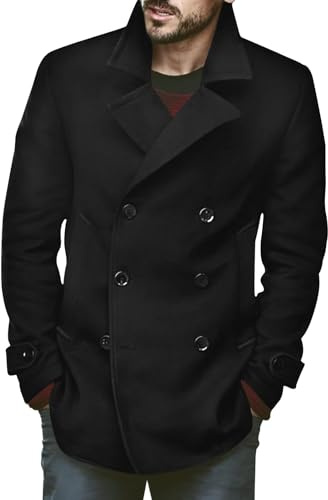 Runcati Abrigo de hombre clásico de doble botonadura Slim Fit Trench Casual Chaqueta Larga Invierno Cálido Negocio Ropa de abrigo, Negro , XL