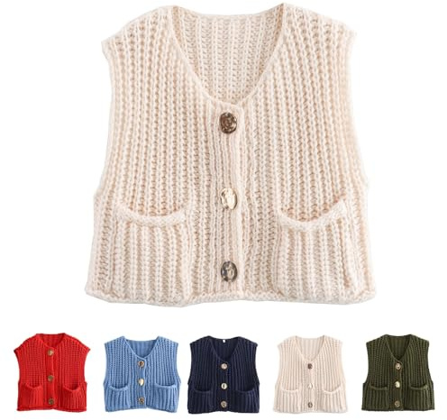 Chaleco de punto grueso 2024, chaleco de suéter grueso de gran tamaño, chaleco de punto grueso con cuello en V y botones en el bolsillo for mujer, suéter sin mangas(White,L)