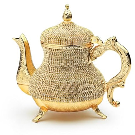 LaModaHome Handcrafted Turkish, Moroccan, Arabic Teapot/Pitcher with Rhinestones, Handmade Crystal Kettle, Decorative Carafe, 2.6 lb, 27 fl. oz. - Gold