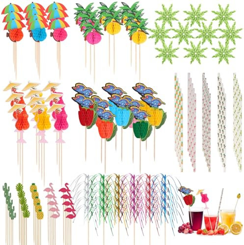 Lot de 150 décorations de cocktail réutilisables, accessoires de cocktail, décorations de fête, pailles à cocktail, parapluies de cocktail, décoration de cocktail pour fêtes d'été, bar