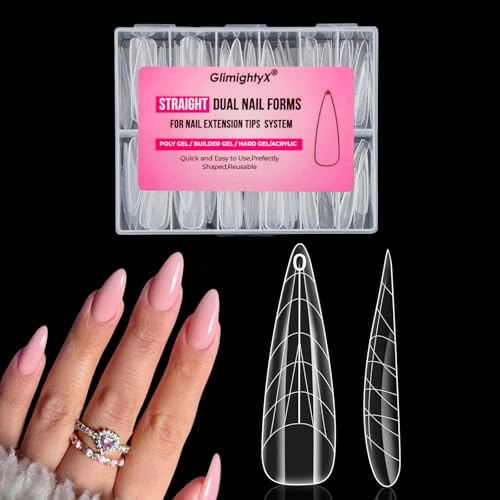Flat Polygel Nail Forms Almond Shape,GlimightyX Straight Built-in Apex Dual Forms Molds Reusable,Pre-designed French Guildelines Polygel Tips for Nail Extension Salon Home DIY