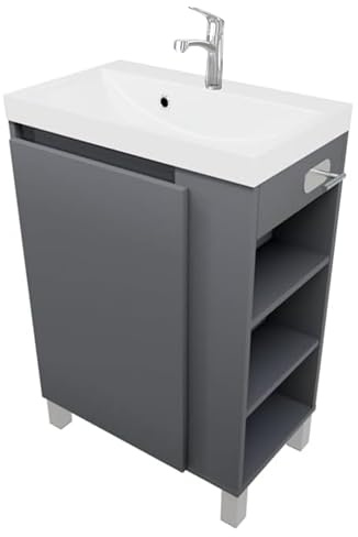 paplinskimoebel - Lavabo con Armario Bajo SEVA, 57 cm de Ancho, Tocador de Pie O Colgante, Juego de Muebles de Baño para Baño, Armario Bajo Lavabo con Soporte para Papel Higiénico - Antracita