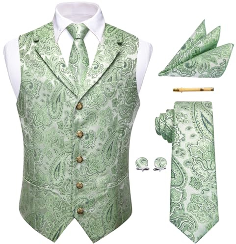 YourTies Waistcoat for Men Silk Jacquard Floral Paisley Suit Vest Set 5PC | V-Neck/Shawl Collar Vest,Tie Pocket Square Cufflinks Tie Clip Set,Formal Casual Business Weddings Party Prom,Suit Tuxedo