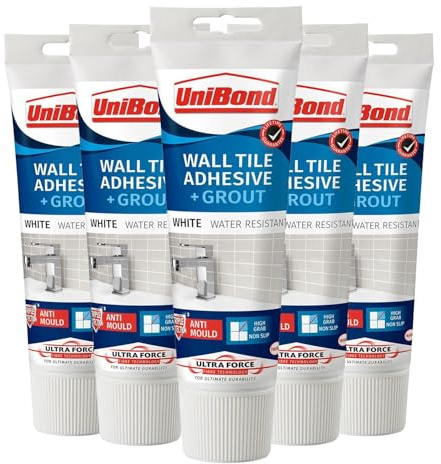 UniBond Anti-Mould 2 in 1 Wall Tile Adhesive & Grout, Waterproof & Durable Formula for Easy Tiling & Sealing, Strong Bond & Long-Lasting Finish, White 300g, 5 Pack