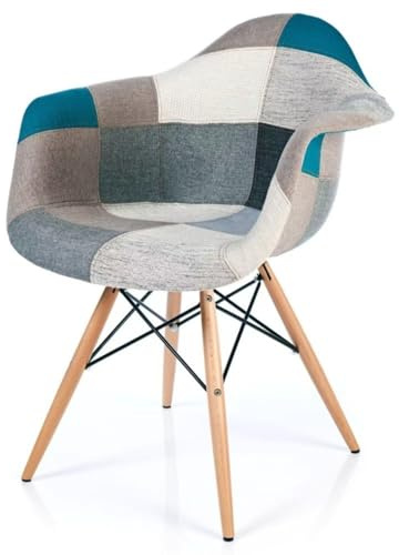 buybuy Poltroncina Serie Picasso in PP con Seduta Imbottita in Spugna Rivestita in Stoffa Stile Patchwork Cucita a Mano, Piedi in Faggio e Metallo, Colori Freddi PIC015