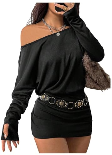 GORGLITTER Off The Shoulder Dress for Women UK Long Sleeve Ruched Bodycon Going Out Mini Dresses Black Large