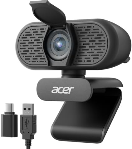 Acer 1080p Webcam USB Plug and Play Webcam for PC with Noise Cancellation Microphones Computer Camera for Desktop Streaming Gaming Online Meeting Wide Angle Privacy Cover A-to-C Adapter Easy Setup