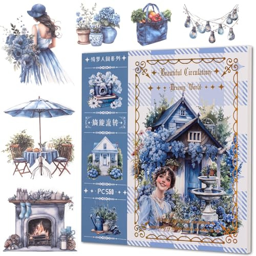 Pegatinas Scrapbooking 50 Hojas, +400 Motivos, Stickers Vintage y Aesthetic para Bullet Journal, Journaling, Agenda y Álbum, Adhesivos Flores, Mariposas y Casas, Kit DIY Adultos, Sticker Book Planner