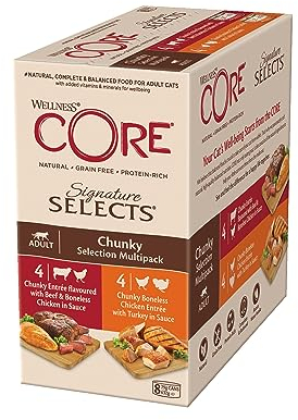 Wellness CORE Signature Selects, Chunky Selection Mix, 8 x 79 g, Premium Nassfutter für ausgewachsene Katzen in Sauce, ohne Zuckerzusatz, getreidefrei, mit hohem Fleischanteil