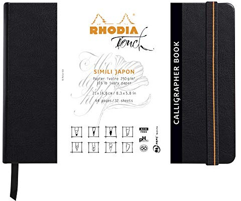 Rhodia 116124C – Skissbok Calligrapher Book, 32 ark blanko, Simili Japon, blanko, 250 g, 21 x 14,8 cm, liggande format, inbunden med konstläder, svart, 1 styck