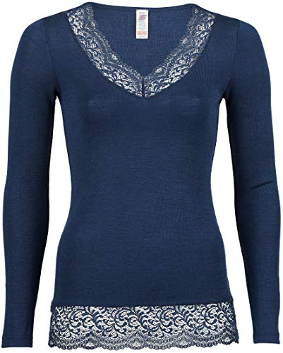Engel Natur, Damen Unterhemd mit Spitze, 70% Wolle (kbT), 30% Seide (34/36, Marine)