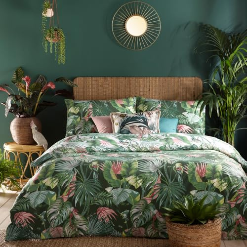 furn. Amazonia Rainforest Reversible Duvet Cover Set – Tropical Jungle Print with Wildlife & Botanicals (Double, Jade Green)