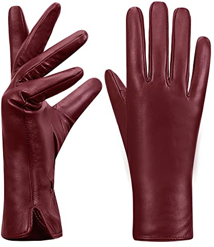 MGGM collection Damen Lederhandschuhe Touchscreen Kaschmir gefüttert,Weinrot,L