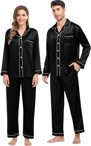 SWOMOG Womens Matching Pyjamas Sets Silk Pjs Set with 2 Pockets Long Sleeve Button Down Sleepwear Loungewear Black X-Large
